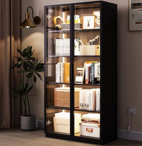SISESOL Display Cabinet with Glass Doors and Light,Glass Display Cabinet,Dark Grey Storage Cabinets,Curio Bookcase with 5 Shelves for Collectibles,Home,Office,Living Room