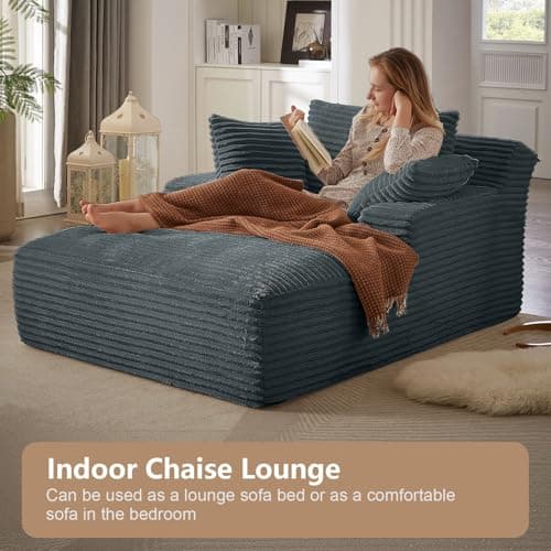 HANLIVES 49.2" Oversized Chaise Lounge Chair, Comfy Corduroy Fabric Single Sofa Chair, Upholstered Reading Lounge Chair with Pillows for Living Room or Bedroom, Frameless Design, Dark Grey 6