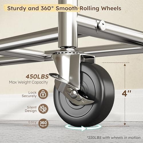 Raybee Heavy Duty Clothes Rack 75" Extra Wide, 450 LBS Clothing Rack with 4 Hooks, Lockable Wheels, Metal Garment Rack for Bedroom, Laundry Room, Commercial 6
