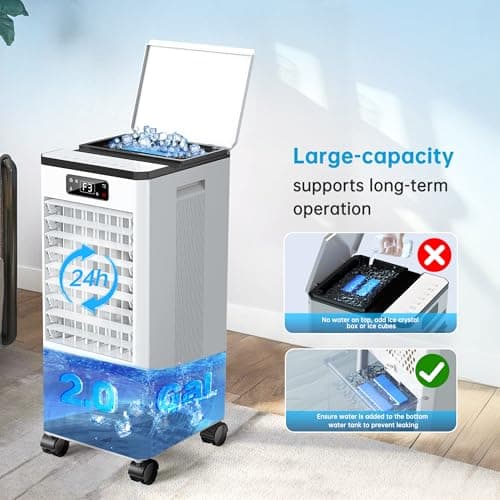 Feculs Portable Air Conditioners No Windows Needed, 3-IN-1 Swamp Cooler, Evaporative Air Cooler, 4 Modes & 3 Speeds, 2-Gal Water Tank for Long Cooling, Max 20 FT/S Remote Control, 12 Hours Timer 6