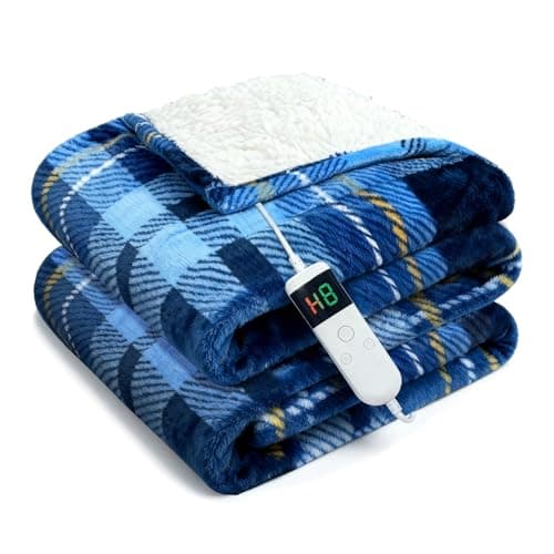 Electric Blanket Heated Throw, Soft Flannel 50"x60" Plaid Heating Blanket with 8 Hours Auto Off 10 Fast Heating Levels Machine Washable Sherpa Heated Blanket with Overheating Protection