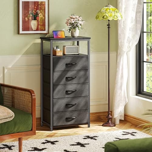 Huuger 5 Drawers Dresser with Charging Station, Dresser for Bedroom, Tall Night Stand, Chest of Drawers with Open Shelf, Bedside Table Nightstand, Fabric Storage Drawers, for Entryway, Black 2
