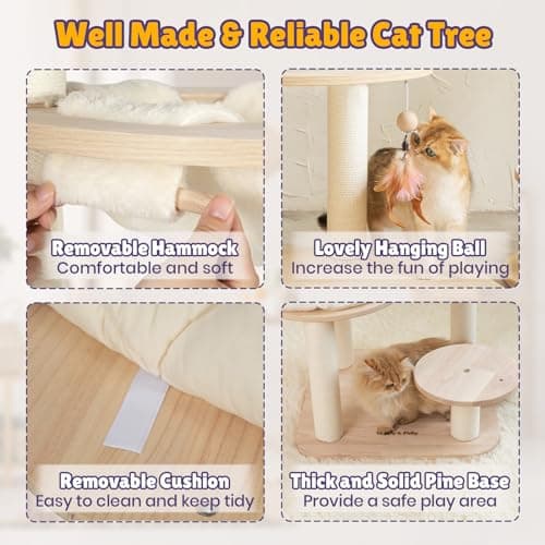 Happy&Polly Solid Wood Cat Tree - 56.3" Multi-Level Building Block Cat Tower with Cozy Hammock, Sisal Scratching Posts, Padded Platform, 4 Install Modes, Large Cat Activity Center for Indoor Cats 5