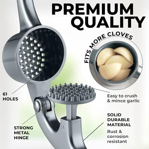 Zulay Kitchen Large Premium Garlic Press Set - Bigger Bowl for Bigger Garlic - Rust Proof Garlic Mincer Tool - Easy-Squeeze, Easy-Clean Silicone Garlic Peeler & Brush (Slate) 7