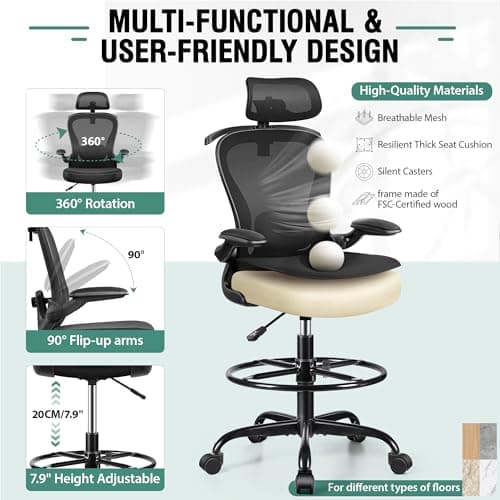 Drafting Chair, Tall Office Chair with 3D Lumbar & Head Support, Ergonomic Mesh Standing Desk Chair with Footring, Comfy Extended High Desk Chair with Flip-Up Arms & Hanger,Black 8