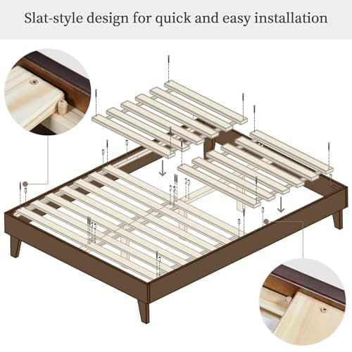 Yaheetech Full Bed Frame Deluxe Natural Solid Pine Wood Platform Bed, Reserved Holes for DIY Headboard/Wooden Slats Support/7.5 inch Clearance Space/No Noise/Easy Assembly, Smoked Walnut Full Bed 5