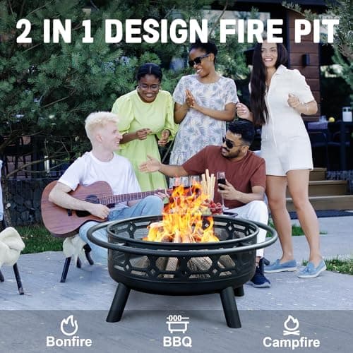 Florise 36 Inch Fire Pit, Outdoor Wood Burning Firepit with Removable Grill & Poker, Heavy Duty Metal Round Fireplace,2 in 1 Large Bonfire for Outside,BBQ,Yard,Patio 6