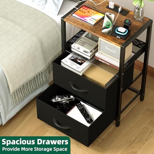 vimiroo Nightstands Set of 2, End Table with Charging Station, Side Tables Bedroom with 4 Fabric Drawers, 3-Tier Bedside Table with Storage Shelf for Living Room, Office, Bedroom (Black) 6
