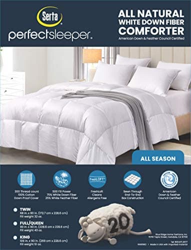 Serta Down Fiber Comforter Queen Size-All Season Duvet Insert, Luxury Fluffy Bed Comforter 100% Cotton 300 Thread Count Shell, Down Feather Fiber 500 Fill Power with Corner Taps, White 90x90inch 7