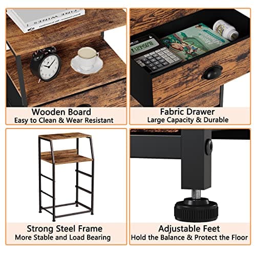 Furnulem Nightstand with 3 Drawers and 2-Tier Shelf, Fabric Small Dresser Organizer Vertical Storage Tower for Bedroom, Closet, Hallway, Nursery, End Table Side Furniture, Sturdy Steel Frame, Wood Top 4