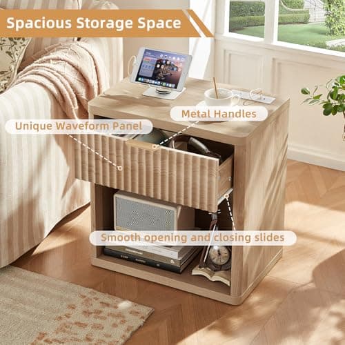 LEYAOYAO Fluted Nightstand with Charging Station, 23" Wide 1 Drawers End Table,Natural Night Stand with Open Storage Cabinet, Farmhouse Bed Side Tables, Wood Dresser for Bedroom, Living Room, Closet 7