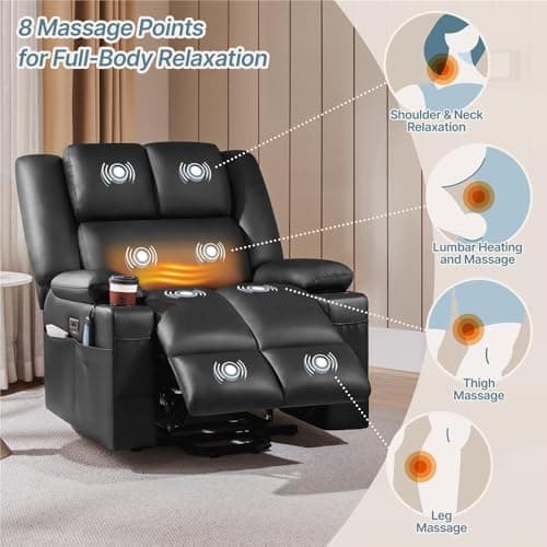 Yaheetech Large Electric Power Lift Recliner Chair, PU Leather Massage Chair with Heat and USB Port for Elderly, Ergonomic Lounge Chair with 2 Cup Holders Side Pockets, Overstuffed Wide Single Sofa 8