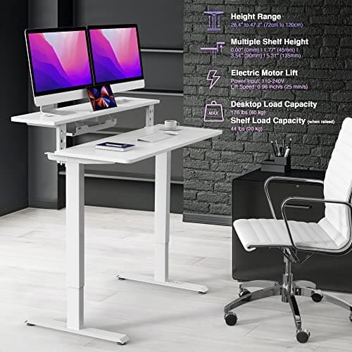 AVLT 47″ Electric Standing Desk with Dual-Tier Shelf & Tablet Holder – Height Adjustable Sit-Stand Desk for Home Office, Motorized Frame Supports 176 lbs (80kg), Includes Tabletops – White 7