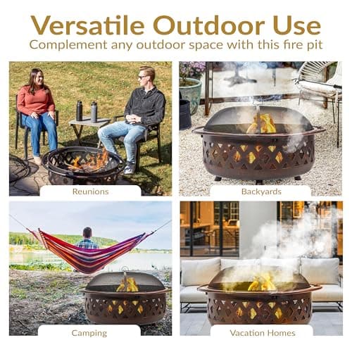 Sunnydaze Crossweave Outdoor Fire Pit - Wood-Burning Fire Pit for Outside with Spark Screen, Poker and Round Cover - 36-Inch - Bronze 6