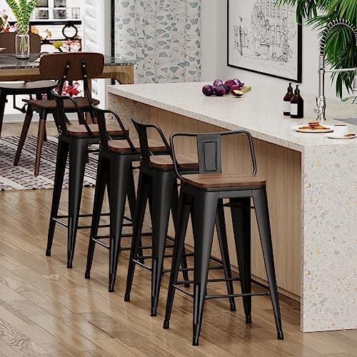 Yongchuang 24" Metal Barstools Set of 4 Counter Bar Stools with Wood Top Low Back Matte Black 7