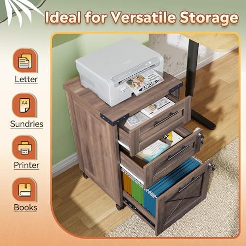 DEVAISE 3-Drawer File Cabinet with Hanging Files, Mobile Rolling Storage Cabinet for Home Office, Printer Stand, Farmhouse Style, Dark Brown 7