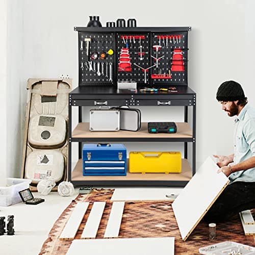 Goplus Work Bench with Storage, 48" x 24" Work Table with Pegboard, 2 Drawers, Hanging Accessories, Topping Space, 4-Tier Heavy Duty Metal Tool Storage Bench, Workbench for Garage, Workshop 9