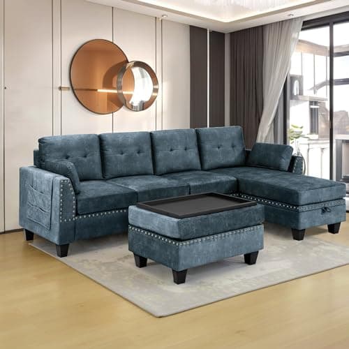 UBGO Modular Sofa Set for Living Room,Sectional Sofa & Couches,4-Seat Sectional Sofa with Reversible Chaise L Shaped Sofa Couch Furniture Sets Sectional Couch with Storage Ottoman-Blue