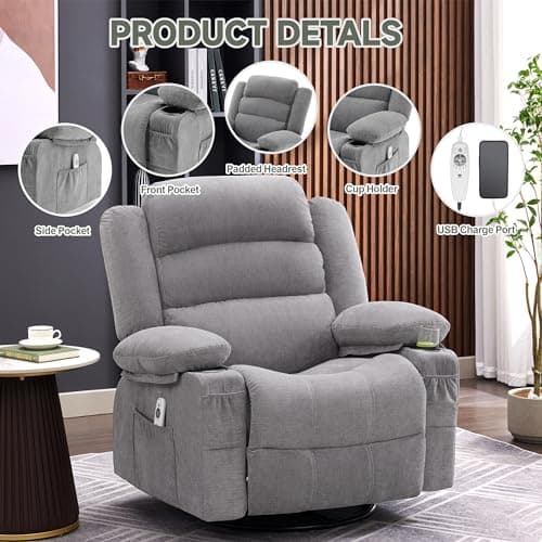 Rocker Recliner Chair with Heat and Massage, 360° Swivel Recliner Chairs for Adults, Oversized Recliner Single Sofa Seat with Cup Holders, Lazy Boy Recliner Single Sofa Seat, Grey 5