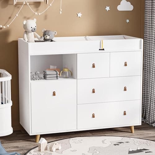 DAWNSPACES Baby Changing Table Nursery Dresser with Drawers, 45 Inch Hidden Trash Storage,Changing Station,Storage Dresser Chest for Infant, White 7