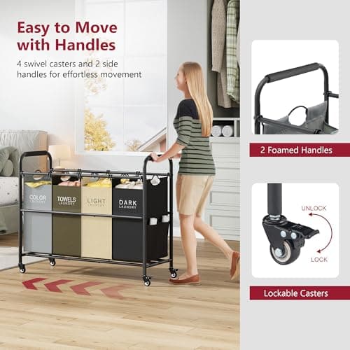 Tajsoon 4 Bag Laundry Sorter Cart, 4 Section Laundry Hamper Sorter with Heavy Duty Lockable Rolling Wheels, Laundry Separator Hamper with Removable Bags for Dirty Clothes Storage, 4 Colors 6