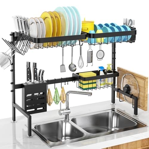 MERRYBOX Over The Sink Dish Drying Rack, 2-Tier Adjustable Length (25.6-33.5in), Stainless Steel Dish Drainer with Cutting Board Holder, Large Dish Rack for Kitchen Counter Organizer Space Saver