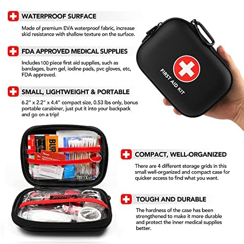 Mini First Aid Kit, 100 Pieces Water-Resistant Hard Shell Small Case - Perfect for Travel, Outdoor, Home, Office, Camping, Hiking, Car (Black) 5