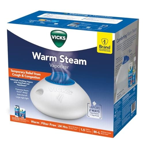 Vicks Warm Steam Vaporizer & Humidifier 1.5 Gallon Tank for Small and Medium Rooms, Night Light, Works with VapoPads and VapoSteam 10