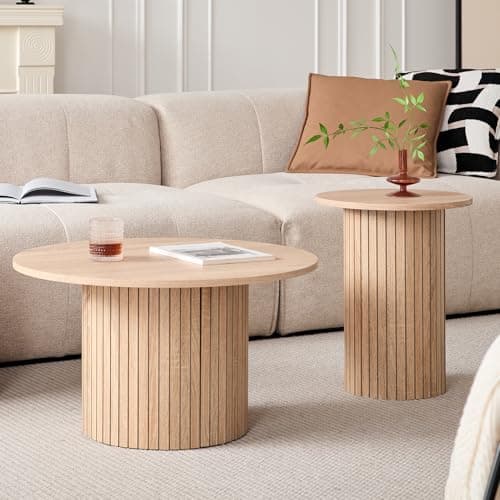 Lecafur HL Round Nesting Coffee Tables Set of 2 -φ27.6 Large Short + φ15.8 Small Tall Boho Circle Side Tables with Fluted Drum Design, Natural