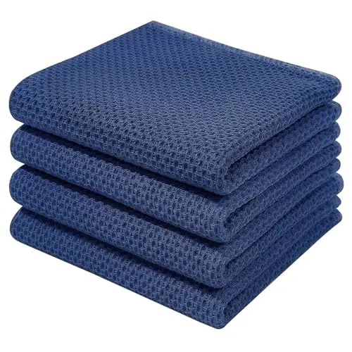 Homaxy 100% Cotton Waffle Weave Kitchen Dish Towels, Ultra Soft Absorbent Quick Drying Cleaning Towel, 13 x 28 Inches, 4-Pack, Navy Blue