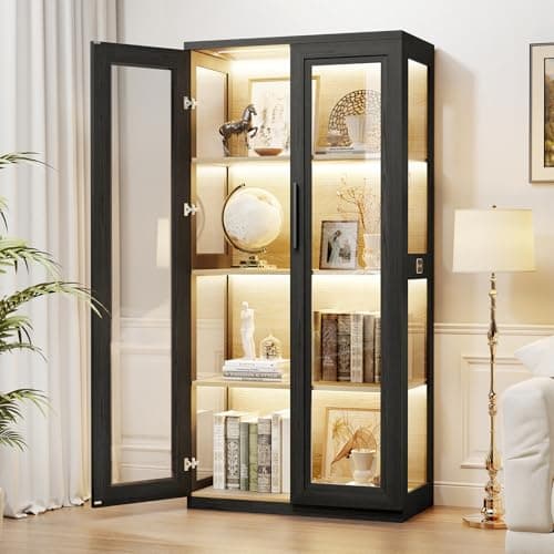 BROTTAR Curio Cabinet with Glass Doors, Bookcase with 4 Shelves, Display Cabinets for Collectibles, China Cabinet with 3 Color LED Lights and Human Body Sensing, Buffer Hinge, Black