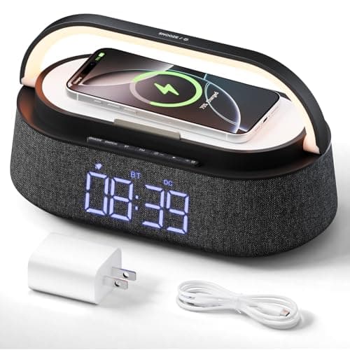 FREEFISH Bluetooth Speaker with Fast Wireless Charger,FM Radio,Touch LED Night Light,Phone Holder,Snooze,Portable Wireless Speaker for Bedrooms Office Home,Gifts (Black)