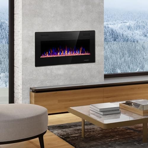 R.W.FLAME 36 inch Recessed and Wall Mounted Electric Fireplace, Ultra Thin ad Low Noise, Fit for 2 x 4 and 2 x 6 Stud, Remote Control with Timer,Touch Screen,Adjustable Flame Color and Speed 7