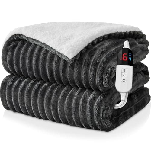 Easthome Electric Heated Blanket Twin Size - 62"x84" Fast Heating Bed Blankets with 6 Heating Levels & 10 Hours Auto Off, Soft Ribbed Flannel Sherpa, Over-Heated Protection ETL, Dark Gray
