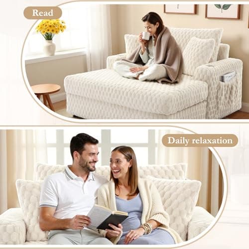 Oversized Chaise Lounge Chair Indoor 58 Inch Soft Cushioned Sofa Bed with Armrests and Cup Holder Plush Faux Fur Reading Chair for Living Room Bedroom Office Cloud Sofa Combination Milky White 5