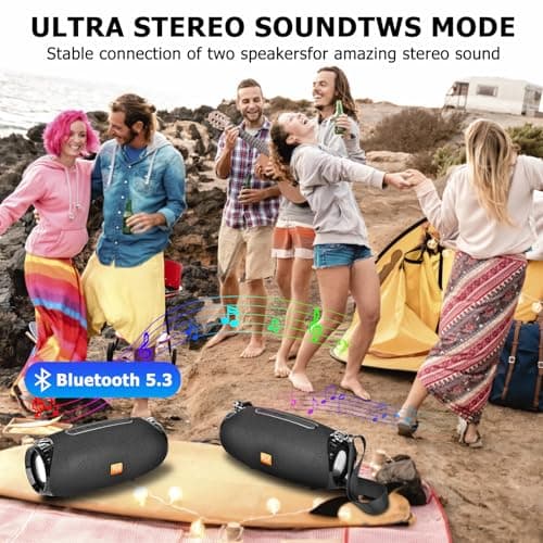 Hopjuery Outdoor Portable Bluetooth Speaker, IPX4 Waterproof Wireless Speakers, 5.0 Bluetooth Speakers, Powerful Sound, TWS Stereo Pairing Support TF Card, for Home/Party/Outdoor/Beach Black 4