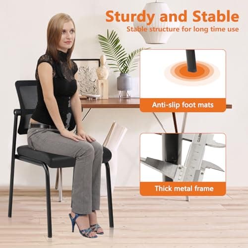 CLATINA Stackable Waiting Room Chair with Adjustable Mesh Backrest, Armless Office Guest Reception Chairs with Leather Cushion and Ergonomic Lumbar Support for Conference Lobby Side School, Black, 2PK 6