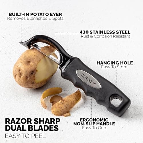 Zulay Kitchen Premium Vegetable Peeler for Kitchen - Swivel Peeler with Razor Sharp Stainless Steel Blades & Strong Ergonomic Handle - Dishwasher Safe, Easy To Use with Blemish Remover - Black 2