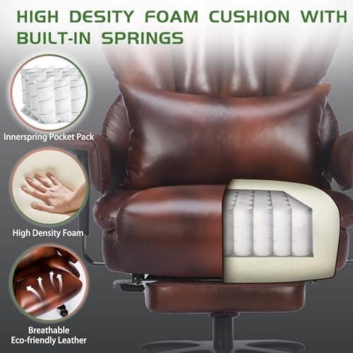 Big and Tall Office Chair with Footrest 650LBS,Large Heavy Duty Executive Office Chair-Wide Seat,Ergonomic High Back Computer Chairs for Heavy People,Adjustable Lumbar Support,Dual Rubber Wheels,Brown 5