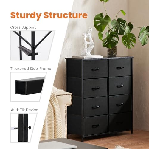 Sweetcrispy Dresser for Bedroom with 8 Storage Drawers, Tall Large Fabric Storage Tower Organizer, Chest of Drawers with Metal Frame Wooden Top for Closet, Living Room, Entryway, Black 6