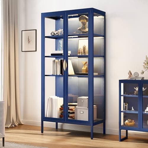 YITAHOME Display Cabinet with Glass Doors and Lights, 71" Storage Cabinet with 4-Tier Adjustable Shelves ＆ Magnetic Suction Design, Collectibles Organizers Rack & Display Shelf for Living Room, Blue