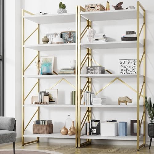 Shintenchi 2 Pieces 5 Tiers Bookshelf, Classically Tall Bookcase Shelf, Industrial Book Rack, Modern Book Holder in Bedroom/Living Room/Home/Office, Storage Rack Shelves for Books/Movies-Gold