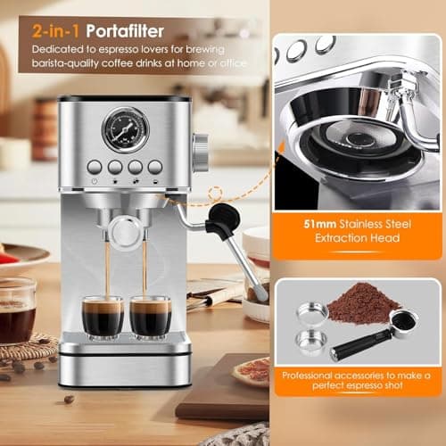 Espresso Machine Coffee Makers 20 Bar, Stainless Steel Espresso Machine with Milk Frother/Steam Wand for Espresso, Latte and Cappuccino - Premium Home Coffee Maker for Barista Quality Drinks 3