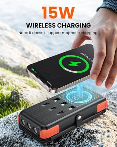 SOARAISE Wireless Solar Power Bank, 25000mAh Solar Charger with Built-in 3 Cables, Dual Outputs, 4 Solar Panels & 3 LED Flashlights, Portable Phone Charger for Outdoor Camping 6