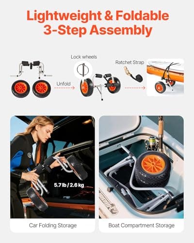 VEVOR Kayak Cart, 200 lbs Load Capacity, Foldable Kayak Trolley with 10-inch Solid Rubber Tires & 1 Ratchet Strap, Paddle Board Trolley for Carrying Kayaks, Canoes, Paddleboards, Float Mats, Jon Boats 6
