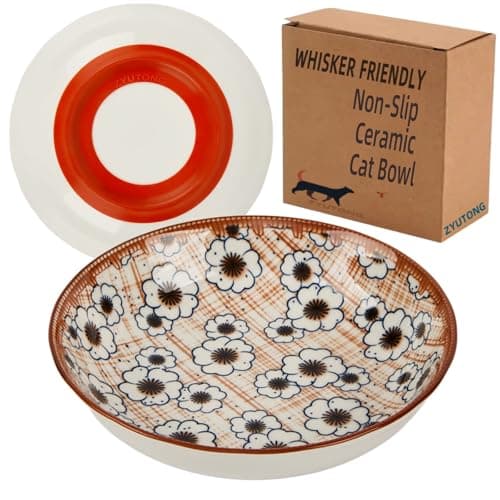 ZYUTONG Whisker Fatigue Cat Bowl — 5.5 in Ceramic Cat Bowls, Shallow Cat Food Dish, Cute Flat Cat Bowl, Small Wide Cat Plates for Indoor Cats with Silicone Bottom, Non-Slip and Quiet