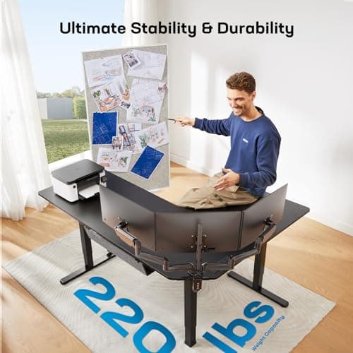 HUANUO 63″ Dual Motor L-Shaped Standing Desk, Built-in Power Outlets, Electric Height Adjustable Corner Computer Desk, Large Power Strip Holder, Sit Stand Up Desk with 3 Preset Heights, Black 7