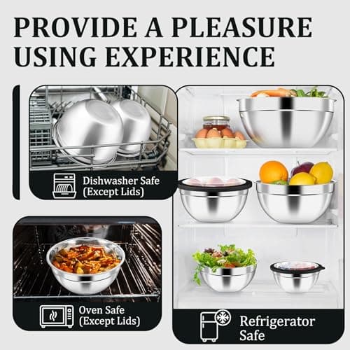 P&P CHEF Mixing Bowls with Visible Airtight Lids Set of 5, 10-Piece Stainless Steel Mixing Nesting Bowl, Metal Bowl with Lid for Kitchen Prepping & Storing, Size 4.6, 3, 1.5, 1, 0.7 QT, Black 6