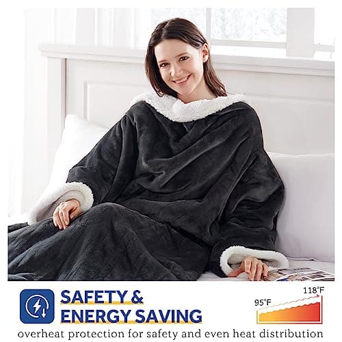 Sealy Electric Blanket Wearable with Foot Pocket, Electric Snuggle Blanket with Sleeves, Flannel & Sherpa Heating Throw with 6 Heat Settings & 2-10 Hours Auto Shut Off, 50 * 70"+18", Dark Grey 5