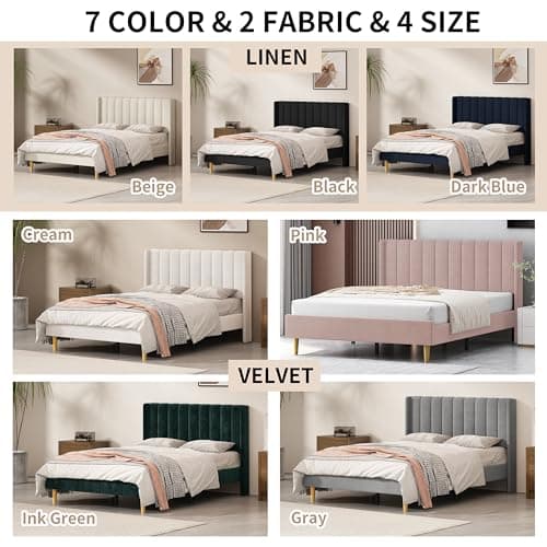 QNZK Queen Size Upholstered Platform Bed Frame with Modern Wingback & Vertical Panel Headboard, Velvet Fabric, Wooden Legs & Slats Support, No Box Spring Needed, Noise-Free & Easy Assembly, Cream 8